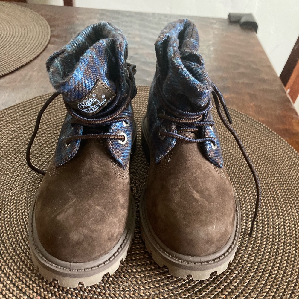 Timberland Dark Brown and Patterned Blue Boots-never been worn